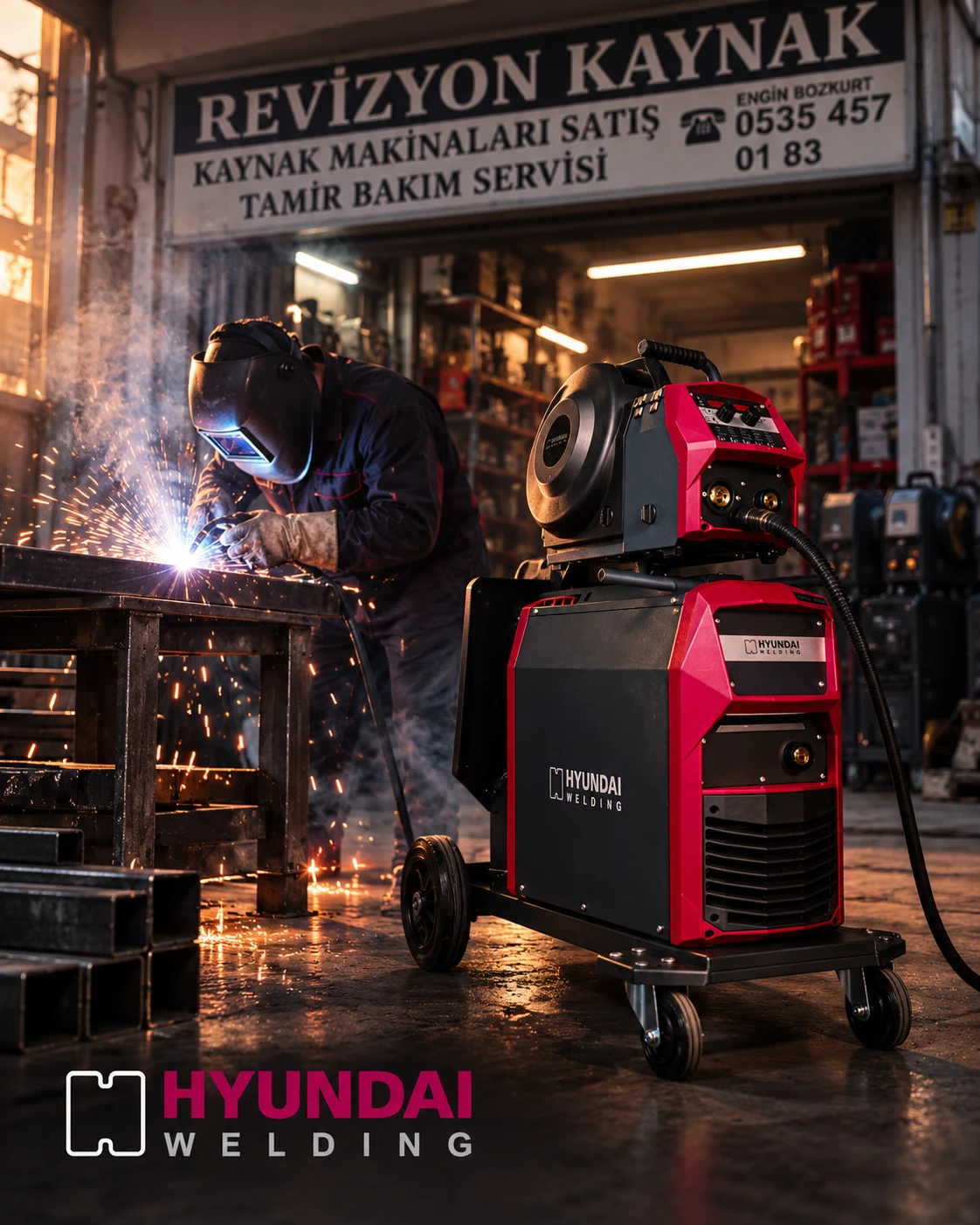 Revizyon Kaynak tabelası önünde Hyundai Welding kaynak makinesi